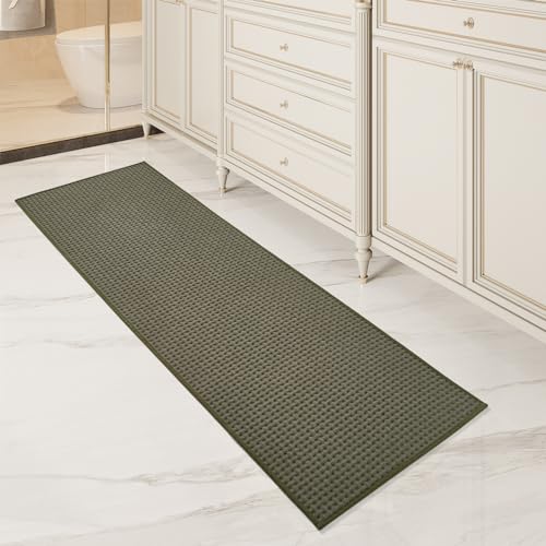 tchdio Checkered Bath Mat, Super Absorbent Non Slip, Thin & Washable, Woven Textured for Beside Tub, 2' x 6' Green 2' x 6'