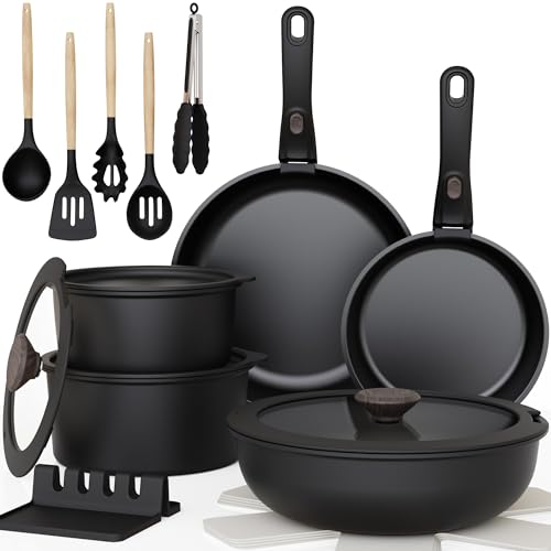 Astercook 20-Piece Pots and Pans Set, Nonstick Cookware Set with Detachable Handles, Oven & Dishwasher Safe, Induction Compatible, Stackable RV Kitche