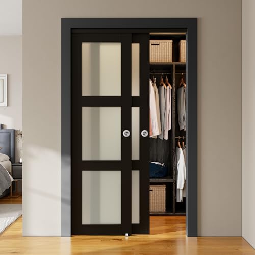 SMARTSTANDARD Bypass Sliding Closet Doors 48x80 in (Double 25in) for Bedroom, 3-Lite Frosted Glass Bypass Door with Hardware Kit Included, Preassemble