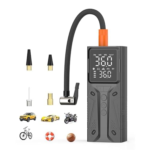 Tire Inflator Portable Air Compressor, Cordless Metal-Cylinder Air Pump for Car Tires with Pressure Gauge, Rechargeable, With LED Light, Portable for