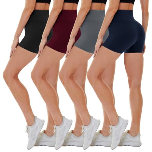 CAMPSNAIL 4 Pack Biker Shorts for Women High Waist - 5"-8" Tummy Control Soft Athletic Yoga Workout Running Gym Shorts 5 IN X-Small 3#black-Gray-Navy