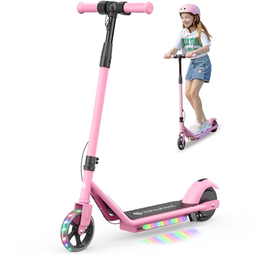 isinwheel S2 Electric Scooter for Kids Ages 6-12,150W Kids Electric Scooter with Adjustable Speed and Height, Colorful Lights, Double Brake Pink