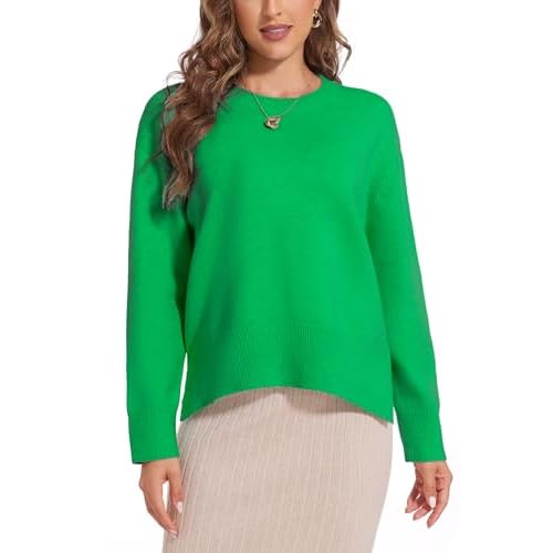 Women's Crewneck Long Sleeve Sweaters 2024 Fall Winter Loose Casual Ribbed Knit Side Slit Pullover Tops Green Medium