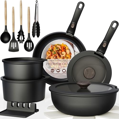 Astercook Non Stick RV Pots and Pans Ceramic Kitchen Cookware Set with Detachable-Removable Handle, Oven Safe, Induction Ready, Stackable, Black, 21 p