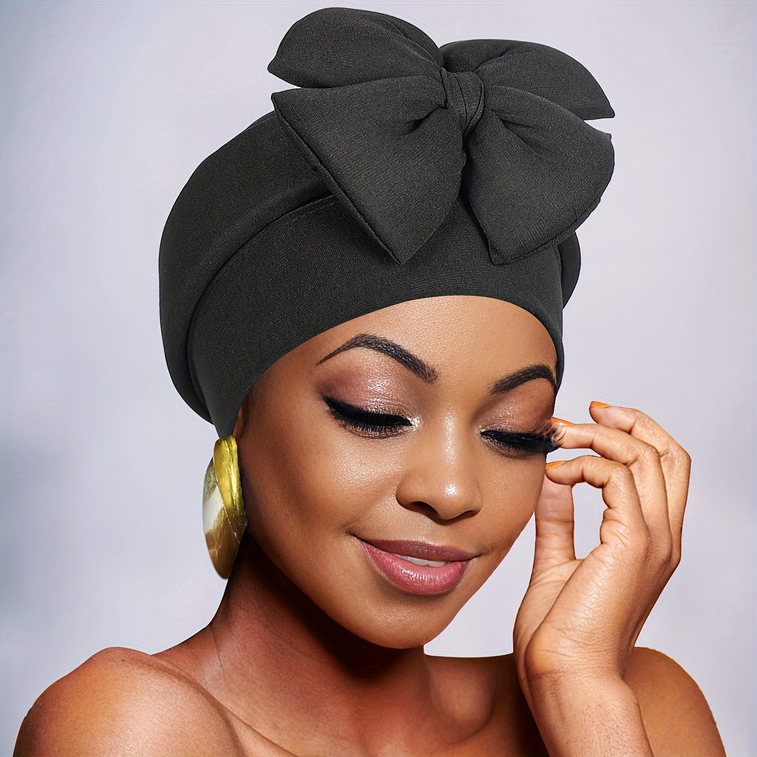 TEMU 1 Chic Women's African-inspired Turbans - Stylish Solid Color Head Wraps With Large Bow, Elastic Polyester Chemotherapy Hats, Machine Washable -