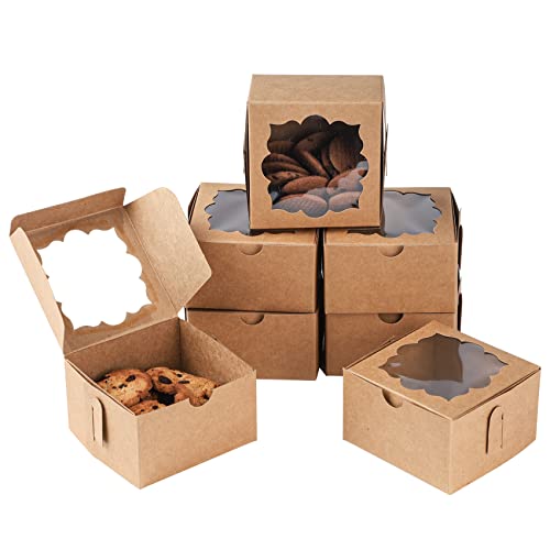 50pcs Cookie Boxes with Window Bakery Boxes Small Treat Boxes Mini Pie Boxes Pastry Boxes 4x4x2.5in(Brown)