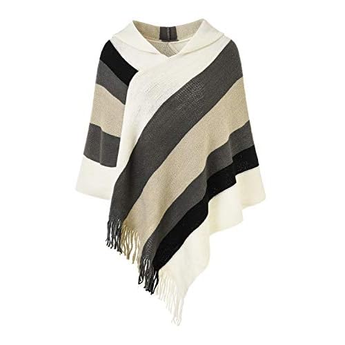 Ferand Women's Striped Poncho Sweater Cozy Knit Fringe Shawl Wraps for Fall Winter Hooded: White & Khaki