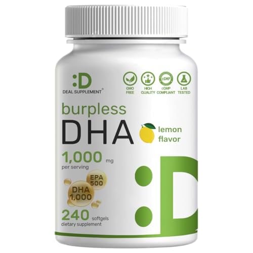 DHA Supplements | 240 Softgels, Burpless, Lemon Flavor, DHA 1000mg + EPA 500mg, Wild Caught Fish, Rich in Omega-3s, Mercury Free, Non-GMO, Support Bra