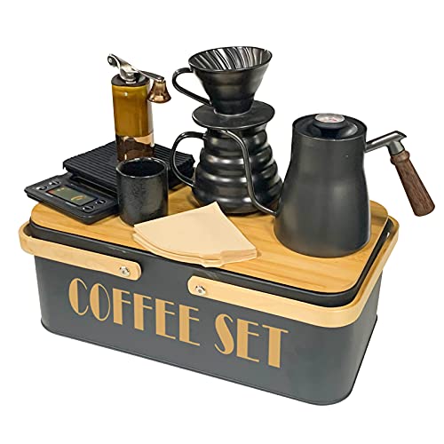SOTECH Pour Over Coffee Maker Set Coffee Kettle Scale Ceramic Server Ceramic Dripping Cup Bean Grinder Filter Paper Ceramic Cup ALL in 1 Portable Meta