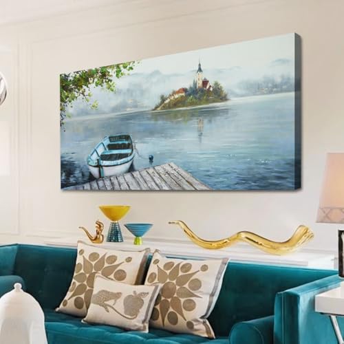 Ardemy Lake Canvas Wall Art Blue Grey Landscape Painting Boat Picture Modern Scenic Artwork Wall Decor Living Room Bedroom kitchen Dining Home Office