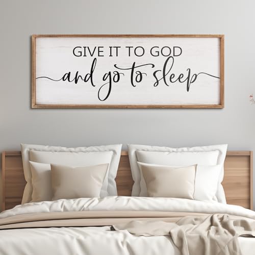 Paquesta Give It to God and Go to Sleep Sign Wall Decor Above Bed 40''×15'' Large Farmhouse Bedroom Decor Wood Guest Room Decor Framed Wall Art Rusti