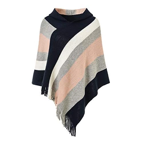 Ferand Women's Striped Poncho Sweater Cozy Knit Fringe Shawl Wraps for Fall Winter Hooded: Navy Blue & Pink