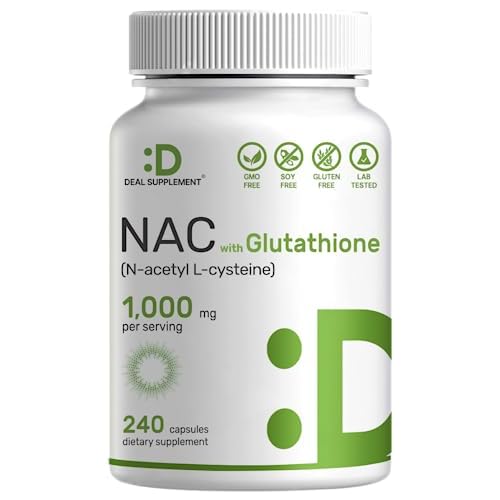 DEAL SUPPLEMENT NAC Supplement (N-Acetyl Cysteine) 1,000mg Per Serving with Reduced Glutathione, 240 Capsules – Antioxidant Support for Immune Healt