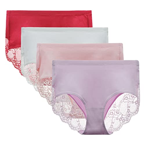 LIQQY Women's 4 Pack High Rise Underwear Combed Cotton Brief Breathable Lace Full Coverage Panty Small Red-White-Pink-Liac Chiffonn