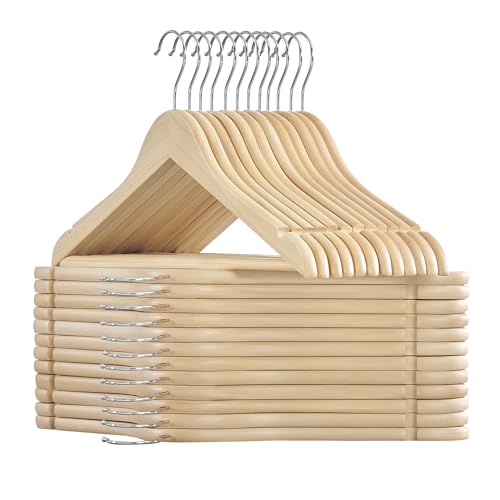 SONGMICS Wooden Hangers, Pack of 24, Coat Hangers, Non-Slip, Pants Bar, 360° Swivel Hooks, for Jackets, Shirts, Coats, Natural Wood UCRW010N24 24 Pac