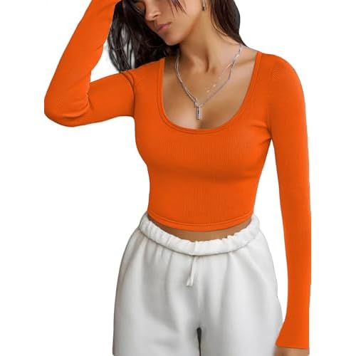 iGENJUN Long Sleeve Shirts for Women Ribbed Knit Tops Casual Basic Fitted Slim Cute Crop Tops Fall Outfits 2025 Medium Orange