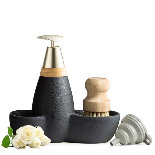 Dish Soap Dispenser with Brush Ceramic Hand Soap Dispenser for Bathroom 18oz Refillable Bottle for Kitchen, Barthroom Accessories for Body Wash and Ha