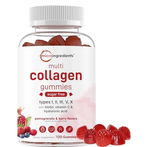 Micro Ingredients Multi Collagen Peptides, 120 Collagen Gummies | Type I,II,III,V,X Protein with Biotin, Hyaluronic Acid, & Vitamin C Complex | Pomegr