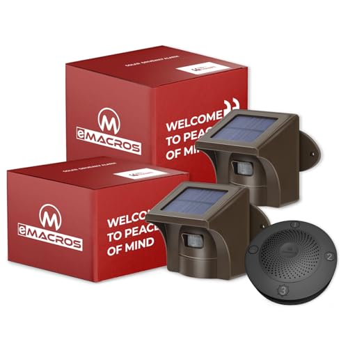 eMACROS Long Range Solar Wireless Driveway Alarm Outdoor Weather Resistant Motion Sensor & Detector-Security Alert System-Monitor & Protect Outside Pr