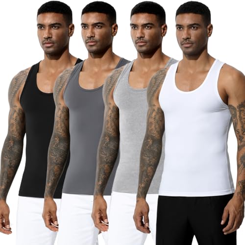 Arjen Kroos Men's Workout Tank Top 4 Pack Muscle Sleeveless Gym Shirts Activewear Slimming Vest Undershirts Black-White-Light Grey-Grey Small