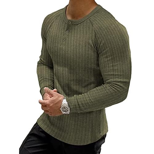 Muscle Cmdr Men's Ribbed Henley Shirt Short Sleeve Slim Fit Muscle Shirt Fitted Cotton Casual Long Sleeve Small Army Green-long