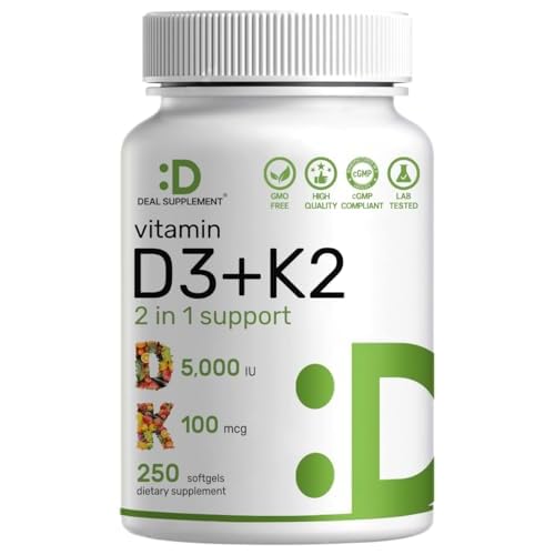 DEAL SUPPLEMENT Vitamin D3 5,000 IU + K2 MK7 Softgels, 250 Count | 2-in-1 Complex | Supports Heart, Bone, Teeth & Immune Health* | Easy to Swallow 250