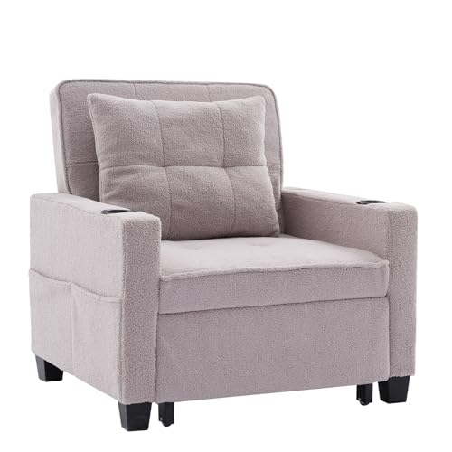 Convertible Living Room Chairs Futon Chair Bed 3-in-1 Pull Out Sleeper Chair Beds with USB Ports,Soft and Comfortable Teddy Fabric - Ideal for Small S