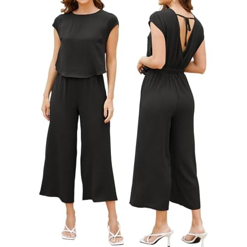 ROYLAMP Women's Summer Casual Jumpsuit Sleeveless Cutout Crop Backless Tie Back Cropped Wide Leg Rompers with Pockets Small Black