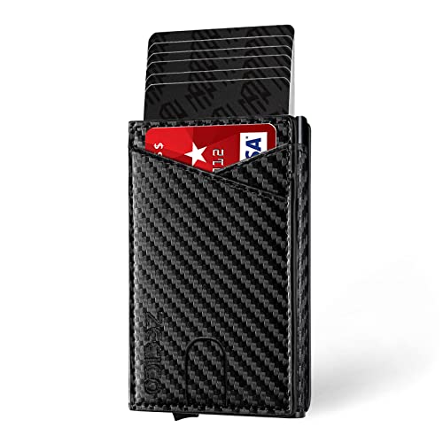 Mens Slim Wallet Money Clip: Bifold Leanther Wallets RFID Blocking Front Pocket Wallets Credit Card Holder with ID Window Gift for men Pop up-Carbon b