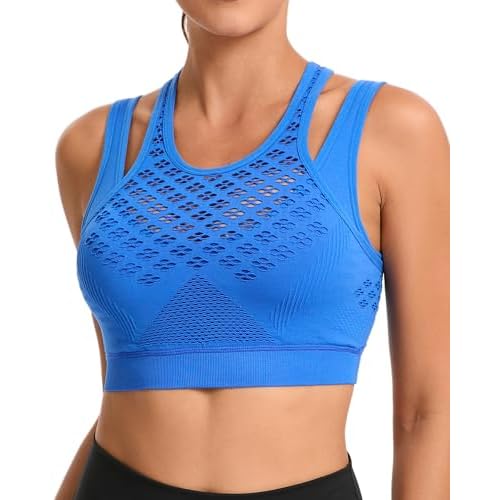RUNNING GIRL Sports Bras for Women High Support,Seamless Ribbed Longline High Neck Sports Bra Racerback Padded Crop Top Yoga Medium A-bright Blue