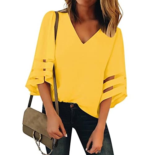 luvamia Women's Casual V Neck Blouse 3-4 Bell Sleeve Mesh Panel Shirts Loose Top Medium C Cyber Yellow