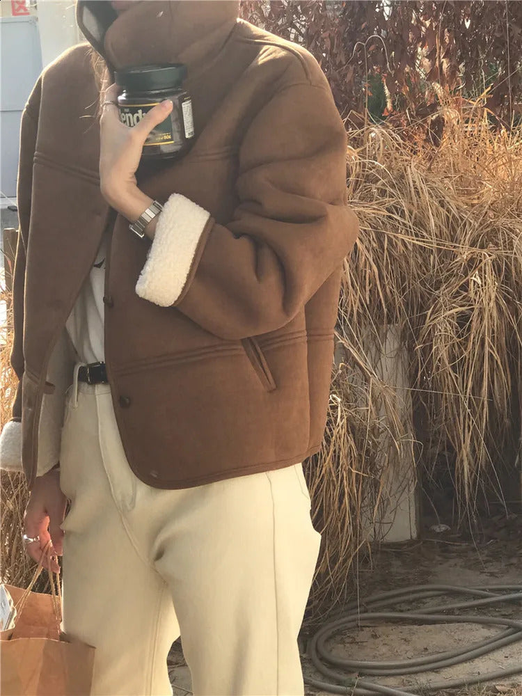 Winter Vintage Suede Lamb Fur Coat Jacket Women Short Outerwear Single Breasted Lapel Collar Warm Overcoat 240919