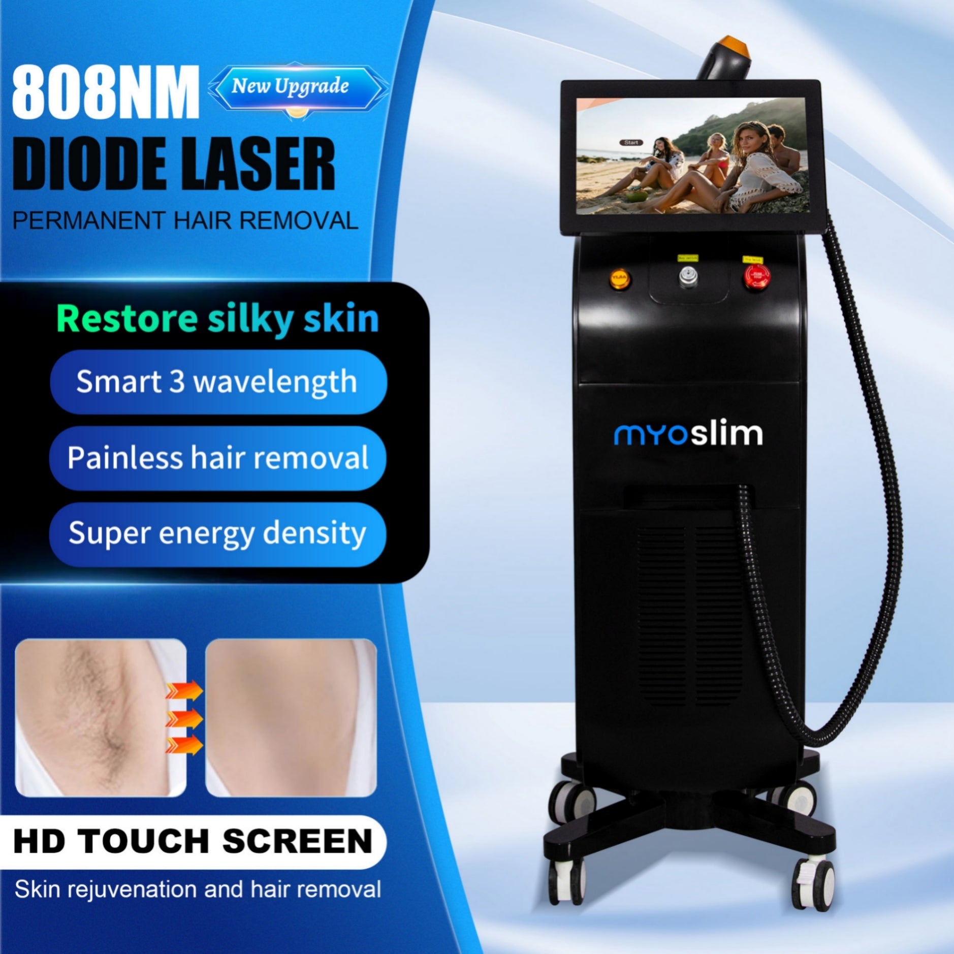 808 Diode Laser Hair Removal Device 3 Wavelengths Ice Titanium Painless Permanent Full Body Hair Removal Alexandrite Laser