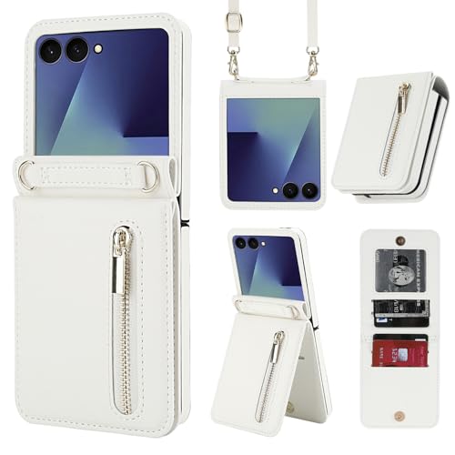 for Samsung Galaxy Z Flip 7 Luxury Zipper Wallet Phone Case, Multi-Function Kickstand Card Holder Adjustable Crossbody Strap, Fashion Flip Case.(White