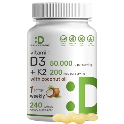 DEAL SUPPLEMENT Vitamin D3 50,000 IU + K2 MK7 200mcg Softgels, 240 Count | 2-in-1 Complex with Virgin Coconut Oil | Supports Heart, Bone, Teeth & Immu