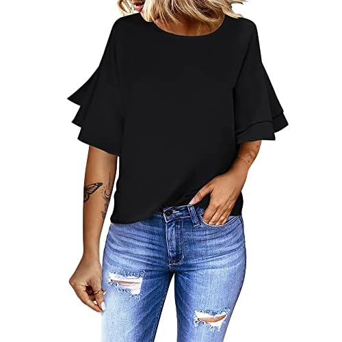 luvamia Women's Casual 3-4 Tiered Bell Sleeve Crewneck Loose Tops Blouses Shirt X-Large A1 Black