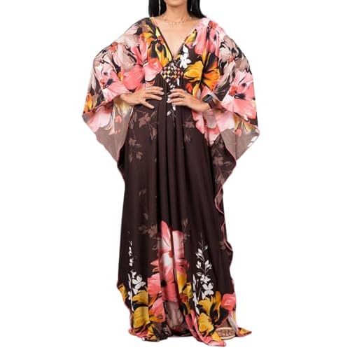 Bsubseach Women Ethnic Print Kaftan Beach Dress Plus Size Swimsuit Cover Up Brown Flower