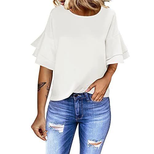 luvamia Women's Casual 3-4 Tiered Bell Sleeve Crewneck Loose Tops Blouses Shirt Medium A1 Brilliant White