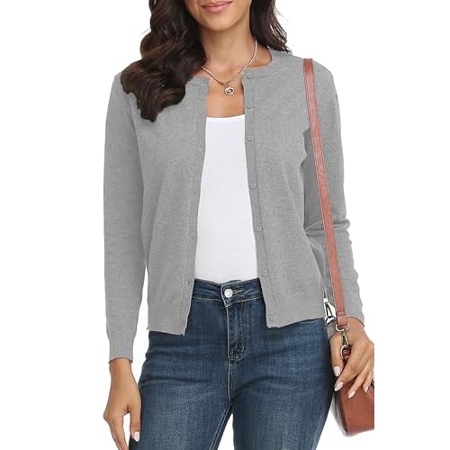 Women's Crew Neck Button Down Long Sleeve Cardigan for Women Classic Soft Knit Ladies Cardigan Sweater Coat X-Large Light Grey