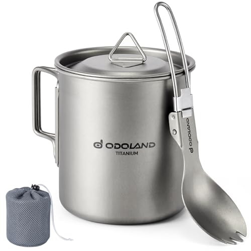 Odoland Titanium Pot 420ml Ultralight Portable Titanium Water Mug, Camping Coffee Cup with Lid and Spork for Camping, Hiking, Traveling and Backpackin