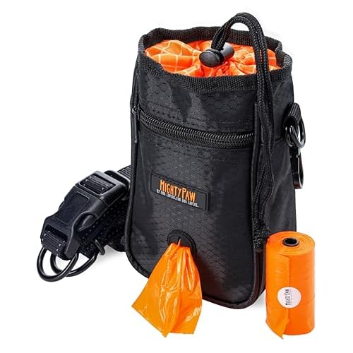 Mighty Paw Dog Treat Bag - Drawstring Closure Pouch - Includes Carabiner Hook and Pick-up Bags - With Reflective Belt - Dog Training Treats Pouch (Bla