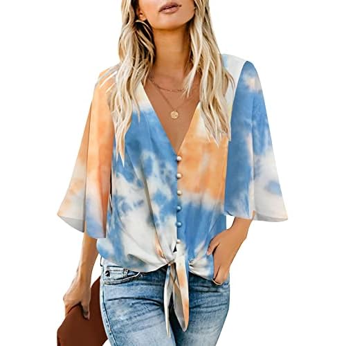 luvamia Women's V Neck Tops 3-4 Sleeve Tie Knot Floral Blouses Button Down Shirts Medium Tye Dye Blue