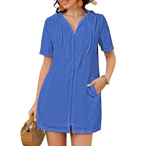Bsubseach Terry Cloth Cover Up - Women 2025 Zipper Swimsuit Coverup Hooded Swim Robes Beach Coverups with Pockets Blue X-Large