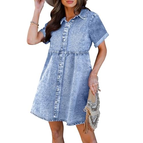 luvamia Women's Casual Short Sleeve Button Down Tiered Denim Babydoll Jean Dress Medium Bay Blue