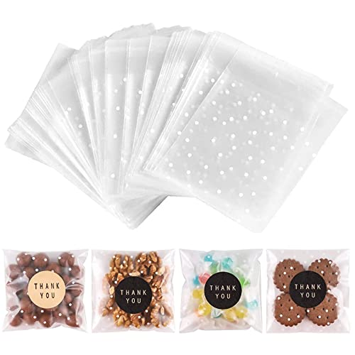 100PACK Self Sealing Cellophane Bags Clear Cookie Treat Bags Thank You for Gift Giving Candy with Stickers(White Polka Dot, 4x4 INCH) White Polka Dot