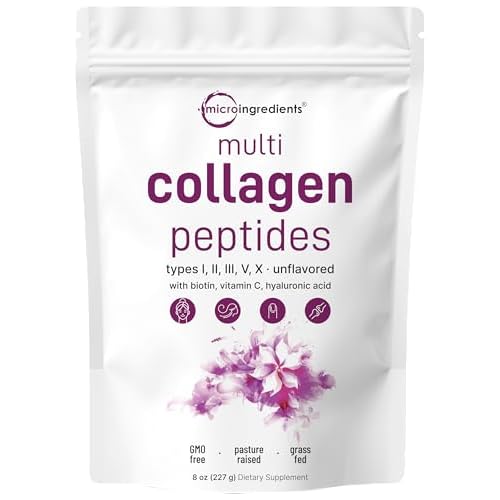 Micro Ingredients Multi Collagen Peptides Powder, 8oz | Type I, II, III, V, X + Biotin, Vitamin C & Hyaluronic Acid | Unflavored | Supports Hair, Skin