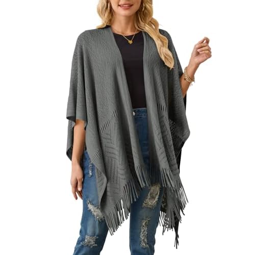 Ferand Women's Lightweight Crochet Shawl Wraps Open Front Knit Fringe Poncho for Spring Summer Grey