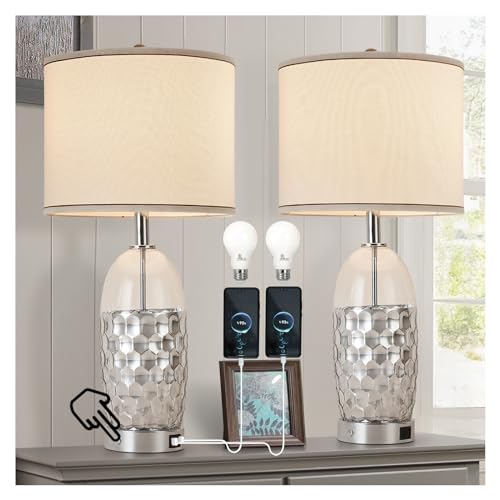 Modern Glass Table Lamps, 3-Way Dimmable Touch Control Bedroom Lamps for Nightstands，Bedside Lamps Set of 2 with USB A+C Ports,Living Room，Home，