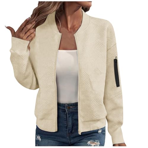Womens Jacquard Bomber Jacket Lightweight Zip Up Knit Cardigan with Arm Pocket Autumn Fashion Sweater A02 Beige Medium