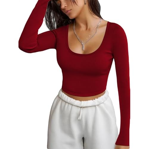 iGENJUN Long Sleeve Shirts for Women Ribbed Knit Tops Casual Basic Fitted Slim Cute Crop Tops Fall Outfits 2025 Medium Burgundy
